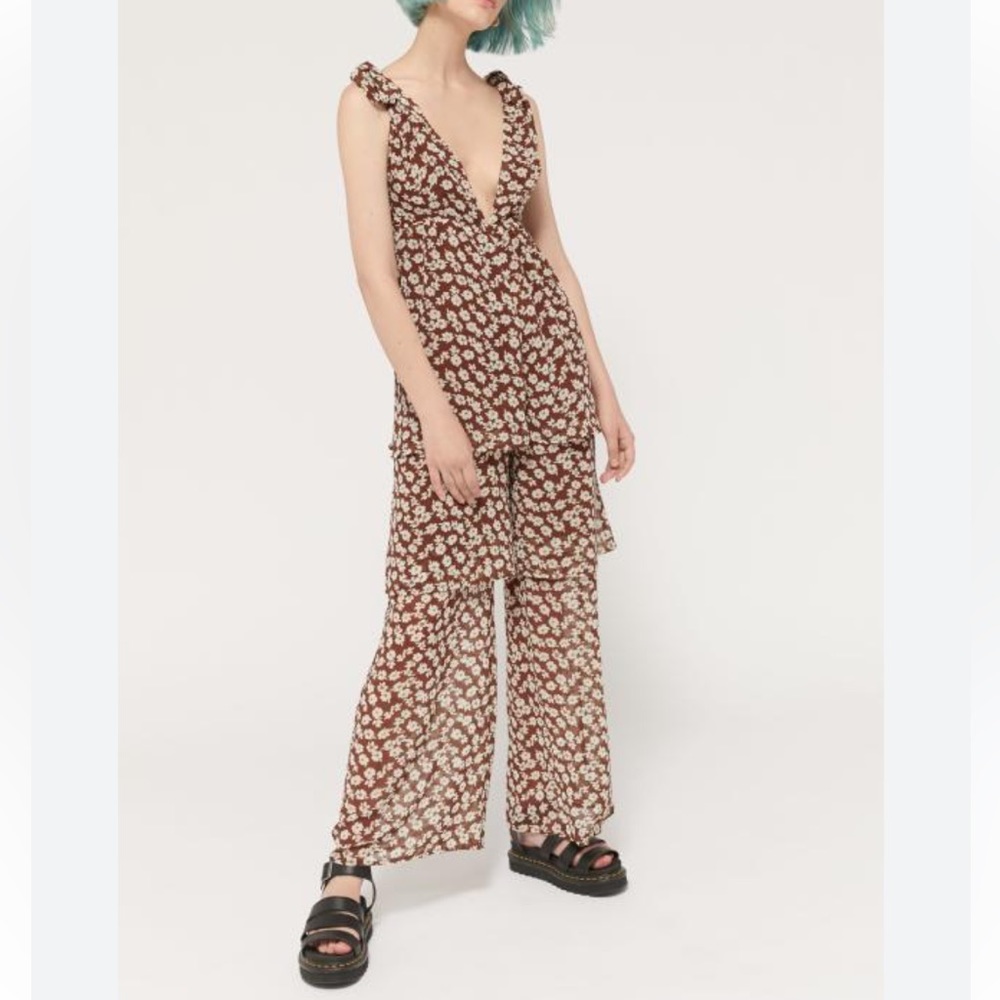 NWT Urban Outfitters Inge Chiffon Ruffle Tiered Jumpsuit Plunging Brown Small